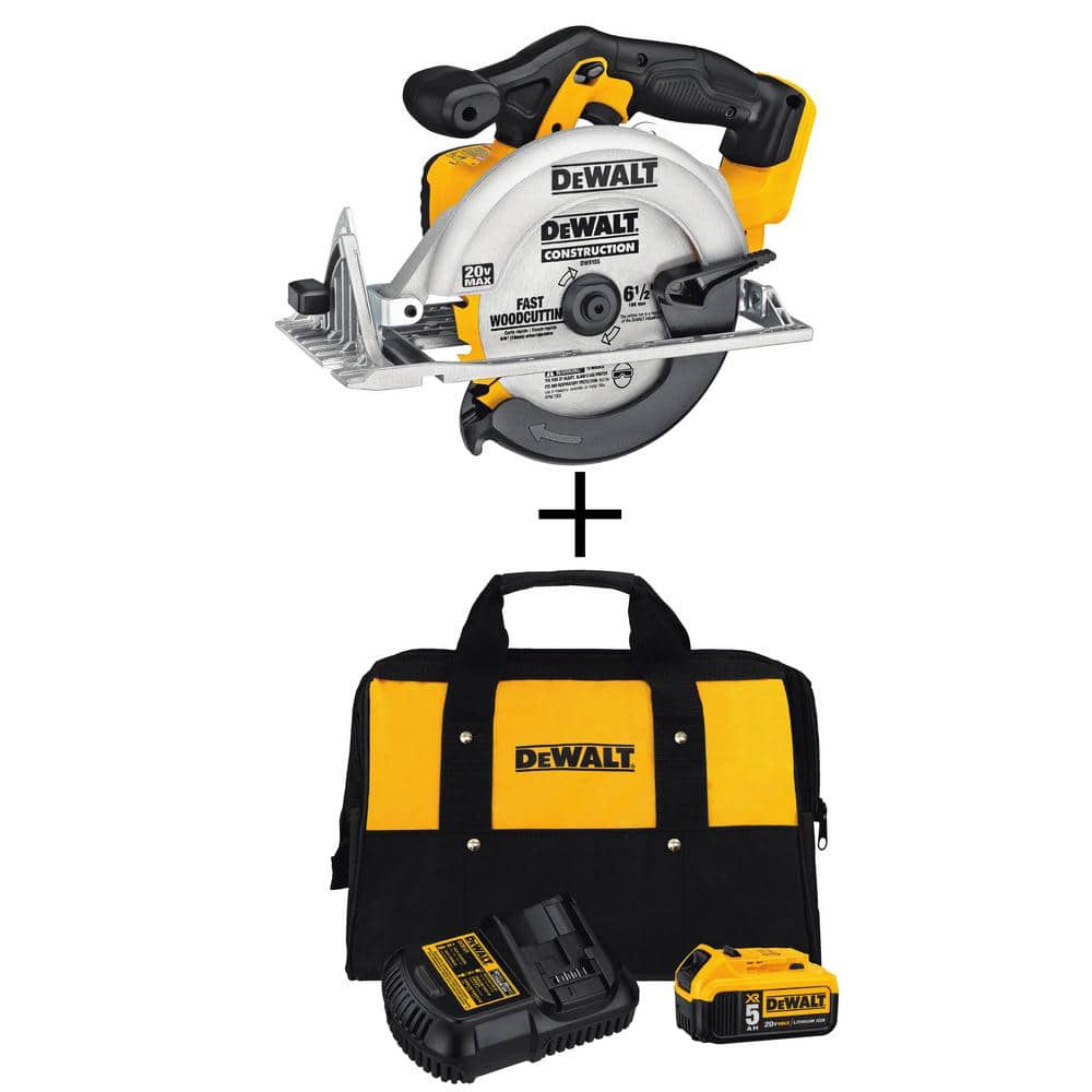 20-Volt Max Lithium-Ion 6-1/2 in. Cordless Circular Saw with Bonus 5.0 Ah Battery Starter Kit -  DEWALT, DCB205CK391