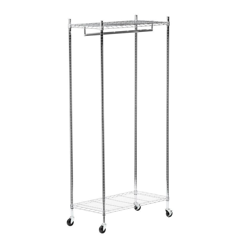 Chrome Steel Mobile Coat Rack with 2 Shelves