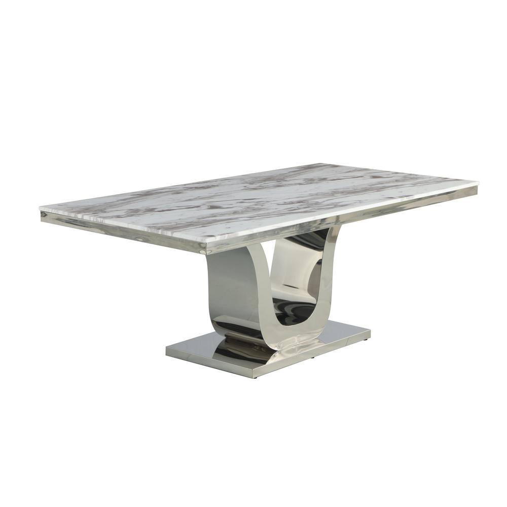 Silver Stainless Steel 9 Piece Dining Set with Marble Table and Cream Velvet Chairs
