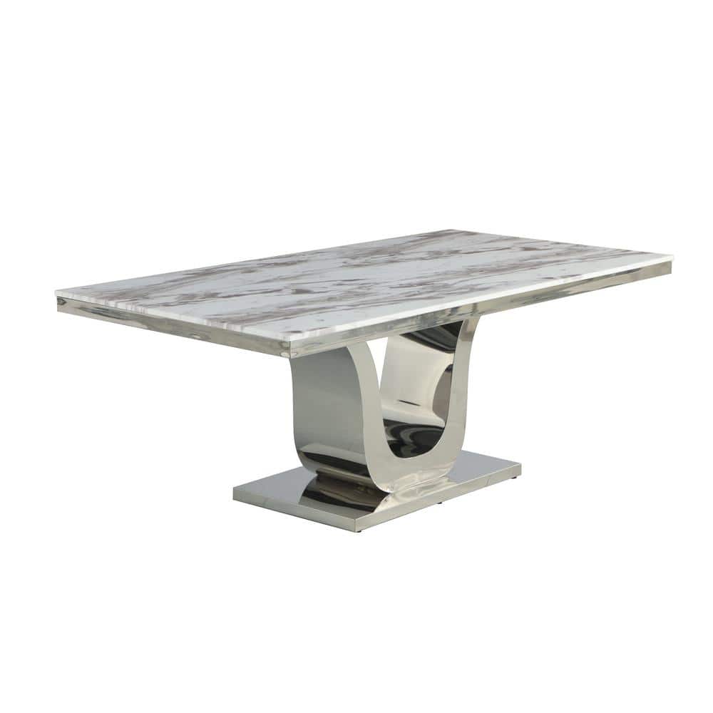Silver Stainless Steel 9 Piece Dining Set with Marble Table and Dark Gray Velvet Chairs