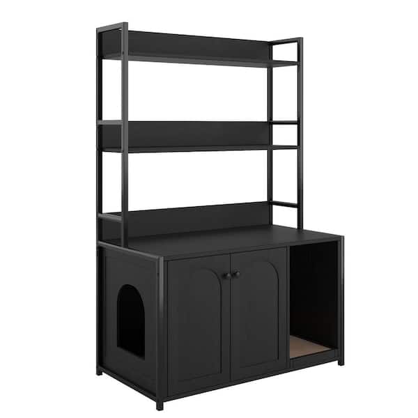 Black Wooden Large Cat Litter Box Enclosure: Shelf Storage, Hidden Washroom and Scratch Pad Included