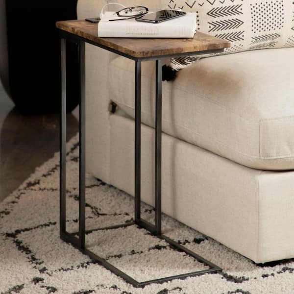 10.25in Antiqued Brown and Gunmetal Rectangle Wood Top Snack Table