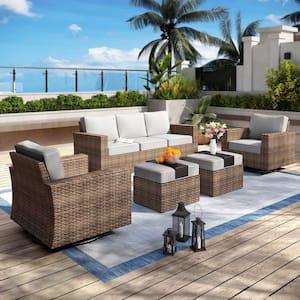 Brown Rattan Wicker 5-Piece Outdoor Patio Conversation Set with Swivel Rocking Chairs, Ottomans, and Light Gray Cushions