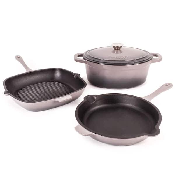 BergHOFF Neo 4-Piece Cast Iron Cookware Set, Grill Pan, Fry Pan and Oval Dutch Oven, Oyster
