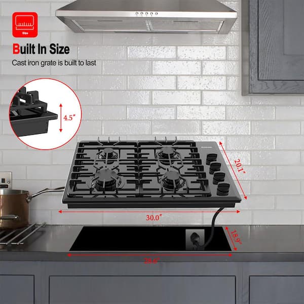 30 in. Recessed 4-Burners Gas Cooktop in Stainless Steel with Simmering Burner, CSA Certified