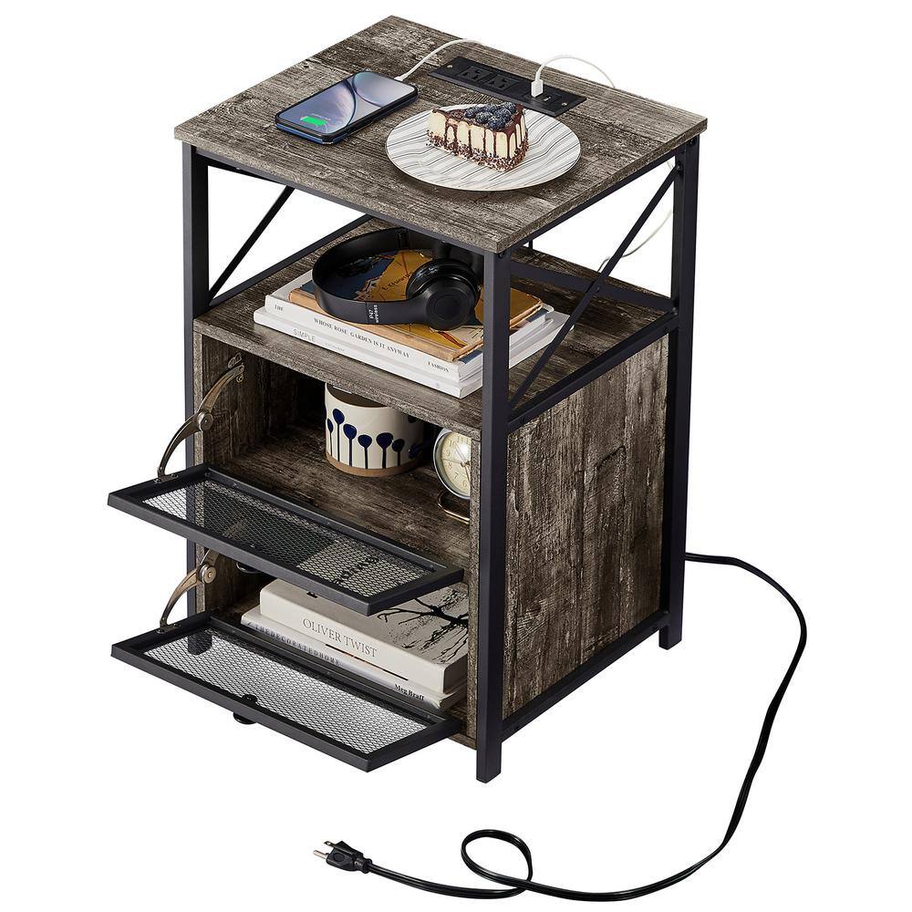 Gray and Black Metal Nightstands with Wood Top and USB Ports, Set of 2
