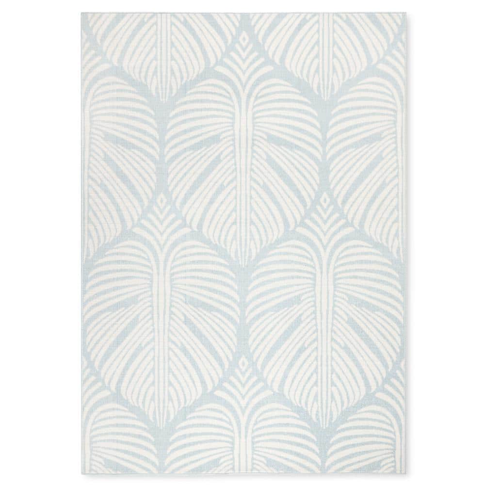 Lanai Blue and Ivory Synthetic Palm Leaves Rectangular Rug