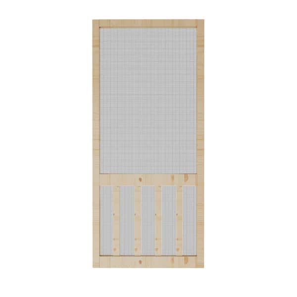 30 in. x 80 in. Single Universal Paneled Railing Style Unfinished Pine Wood and Gauze Mesh Hinged Screen Door