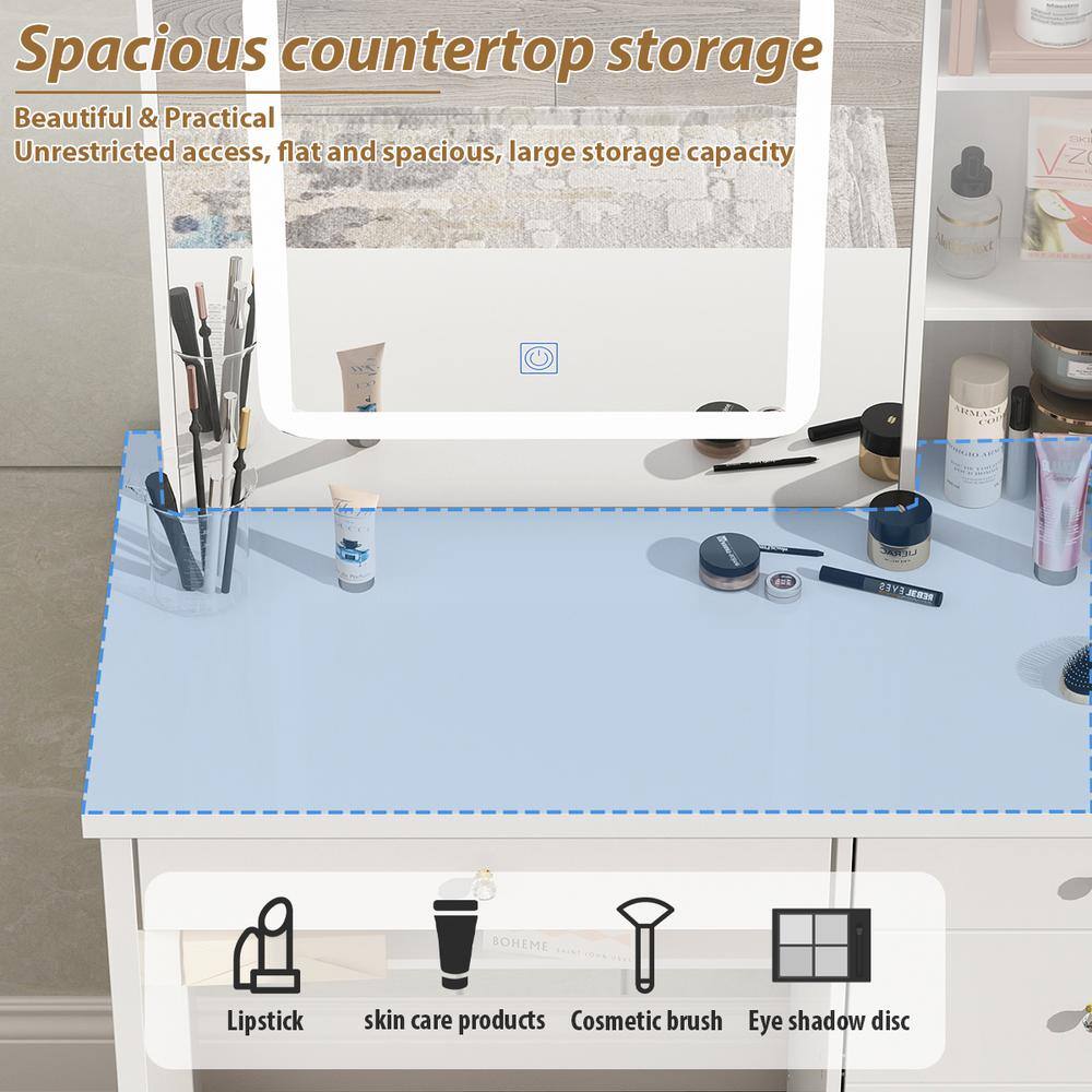 39.4 in. W White LED Dimmable Mirror Dresser Dressing Table with 5-Drawers, Stool and Storage Shelves - thumbnail 8