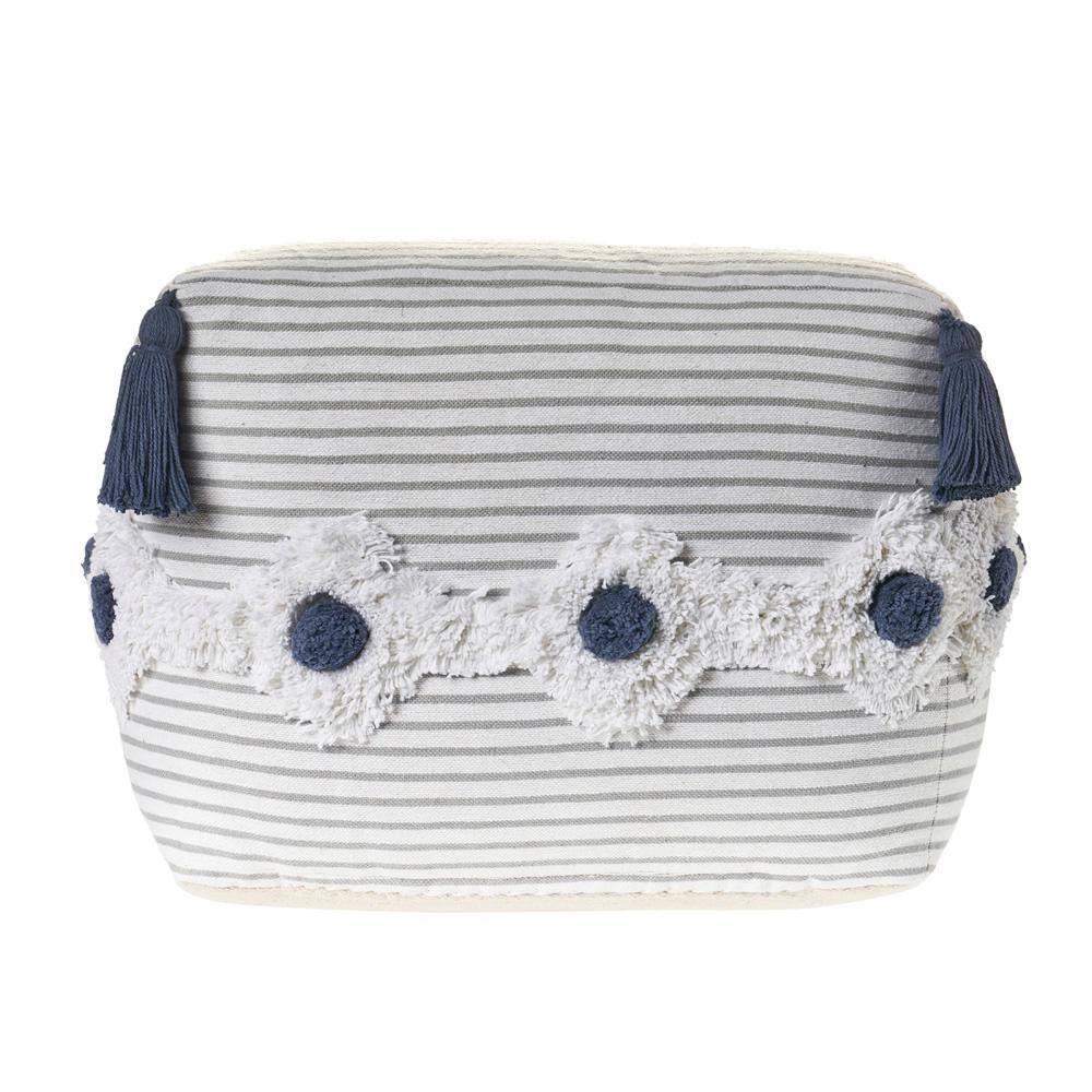Gray and Ivory Striped Tufted Cotton Pouf Ottoman, 18"x18"x14"