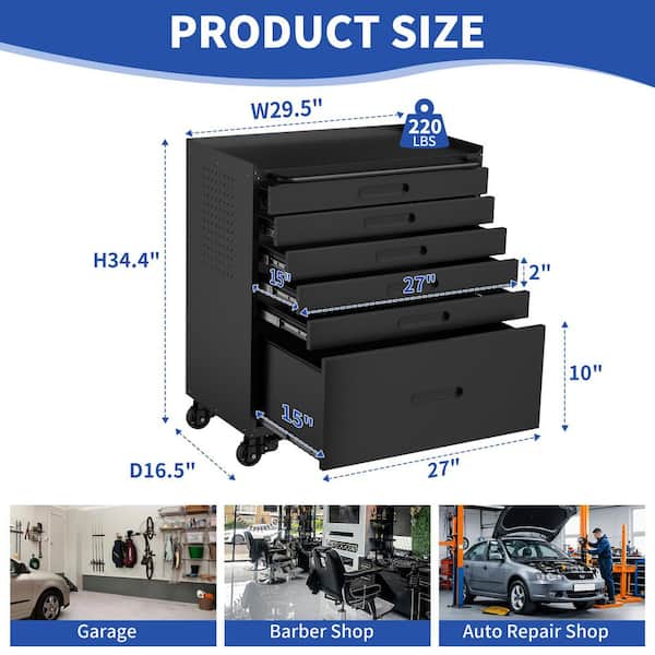 Black 34.3 in. 6-Drawer Metal Tool Storage Cabinet on Wheels for Garages, Warehouses, Repair Shops