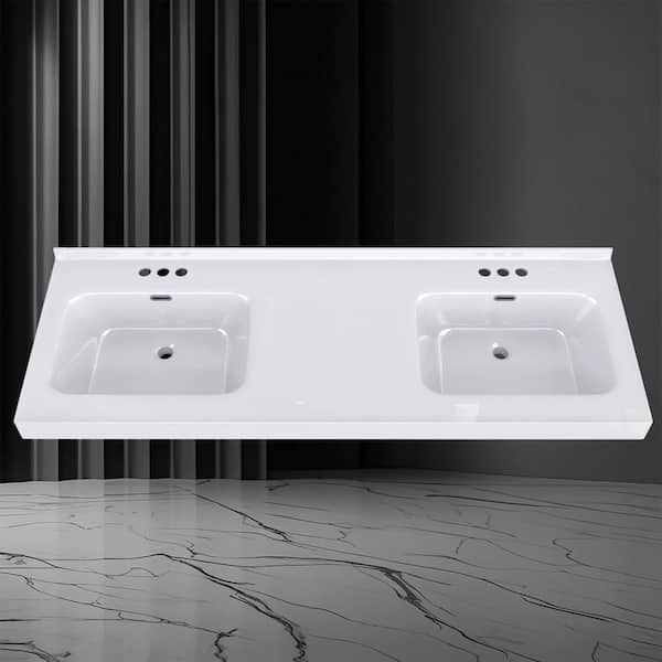 61 in. W x 22 in. D Solid Surface White Vanity Top Rectangular Double Sink Bathroom Vanity Top in White with Overflow
