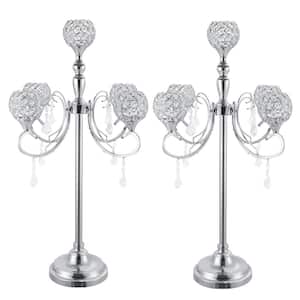 Silver 33.8 in. H 5 Arms Crystal Candle Holder Candlestick Holder Tabletop Centerpiece for Wedding Dining Table (2-pack)