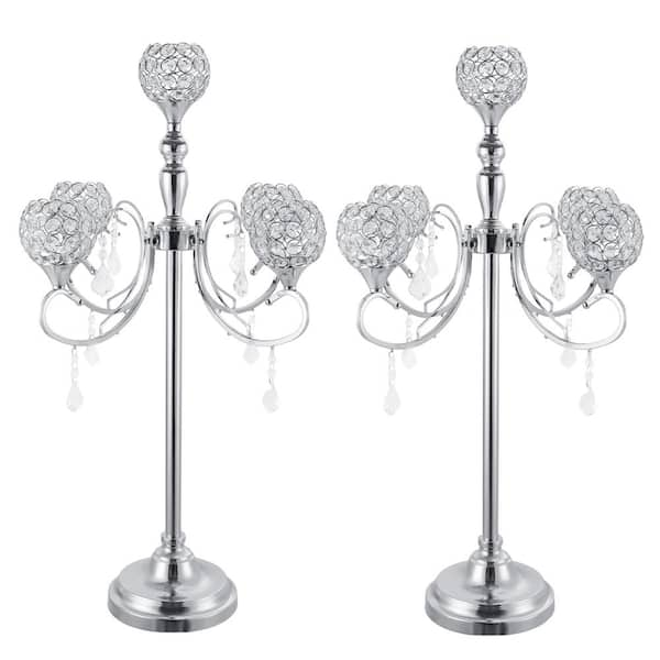 YIYIBYUS Silver 33.8 in. H 5 Arms Crystal Candle Holder Candlestick ...