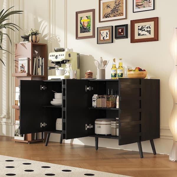 FUFU&GAGA Black Wood Buffet Sideboard with 4-Shelf, Slatted Doors