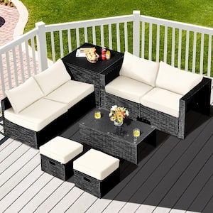 8-Piece Wicker Patio Conversation Set Storage Table Ottoman Off with White Cushions