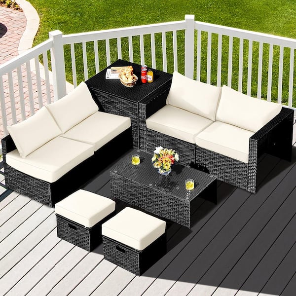 8-Piece Wicker Patio Conversation Set Storage Table Ottoman Off with White Cushions