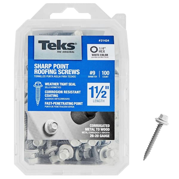 Teks #9 x 1-1/2 in. White External Zinc Plated Steel Hex Washer Head Sharp Point Roofing Screws (100-Pack)