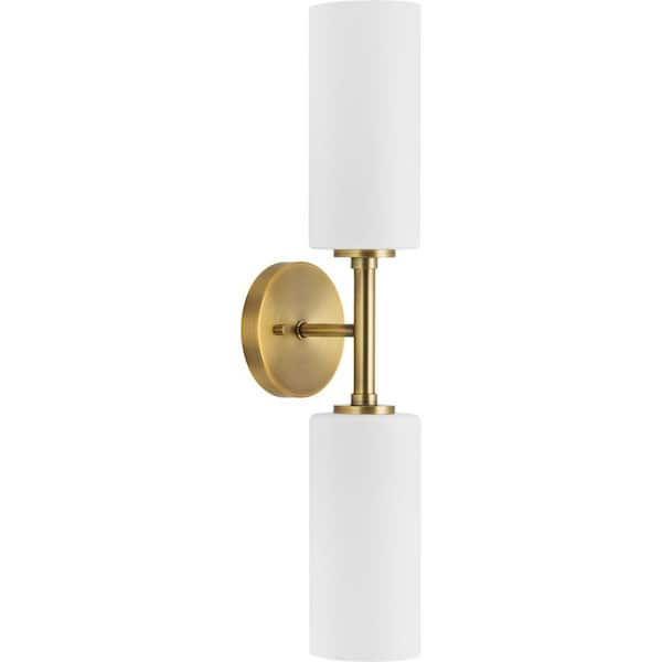 Progress Lighting Cofield Collection 22-1/2 in. 2-Light Vintage Brass Transitional Wall Bracket with Etched Glass Shades