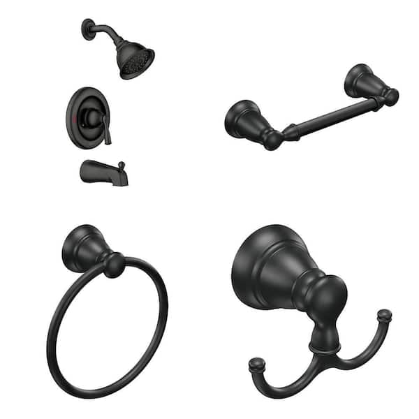 Banbury Matte Black Tub/Shower Faucet Trim Kit (Valve Included), Toilet Paper Holder, Towel Ring and Robe Hook Combo
