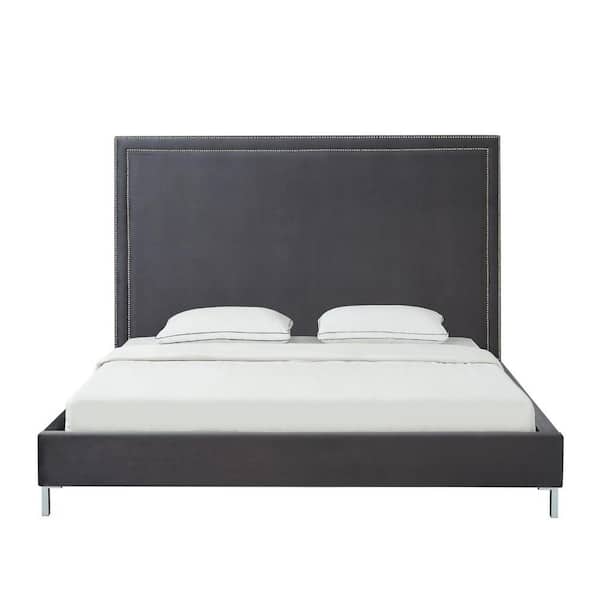 HomeRoots Gray Wood Frame King Panel Bed with Nail Head Trim; Upholstered