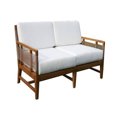 Nizuc 56 in Teak Outdoor Loveseat Sofa with White Cushions