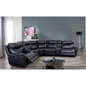 Delaham 7-Piece Dark Navy Faux Leather Symmetrical Power Sectional with Cup Holders