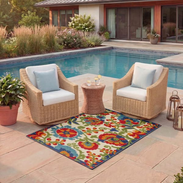 Aloha Multicolor 3 ft. x 5 ft. Floral Contemporary Indoor/Outdoor Kitchen Area Rug