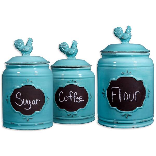 HOME ESSENTIALS AND BEYOND Aqua Ceramic Chalkboard Canisters (Set of 3)