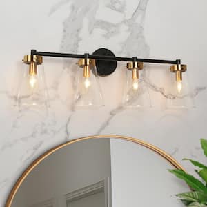 Modern 30 in. 4-Light Black and Brass Gold Bathroom Vanity Light with Classic Bell Clear Glass Shades, LED Compatible