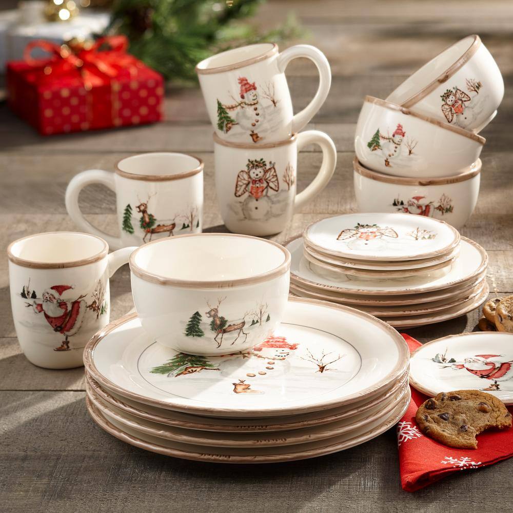 Christmas Twig Cream Ceramic Holiday Dinnerware Set, 20-Piece