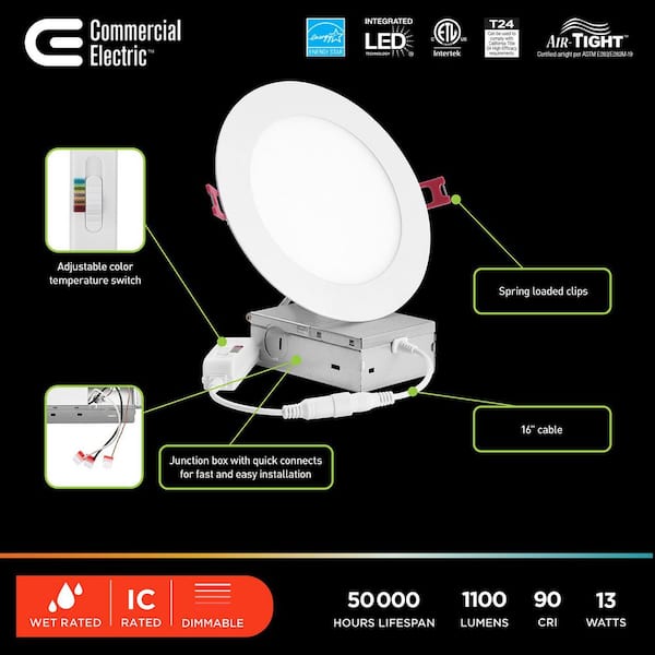 12-Pk 6 in. Builder Series Adjustable CCT Dimmable Integrated LED Canless Recessed Light, Kitchen Bathroom Living Room