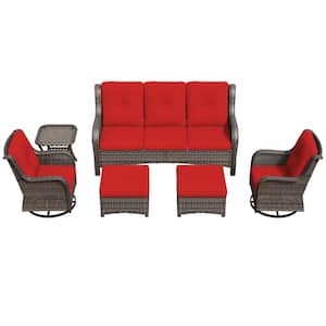 6-Piece Wicker Outdoor Sectional Sofa Set Patio Conversation with Red Cushions