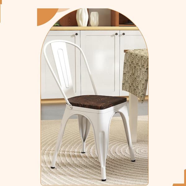 White Tolix Style Metal Dining Chairs Set of 4 w/ Wood Seat and Removable Backrest