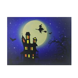 12 in. x 15.75 in. Fiber Optic and LED Lighted Witch in the Moon Halloween Canvas Wall Art