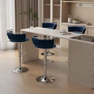 38.5 in. Modern Silver Metal Frame Low Back Swivel Adjustable Height Bar Stool with Navy Blue Velvet Seat (set of 4)