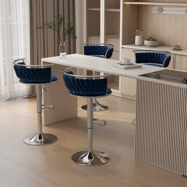 Uixe 38.5 in. Modern Silver Metal Frame Low Back Swivel Adjustable Height Bar Stool with Navy Blue Velvet Seat (set of 4)