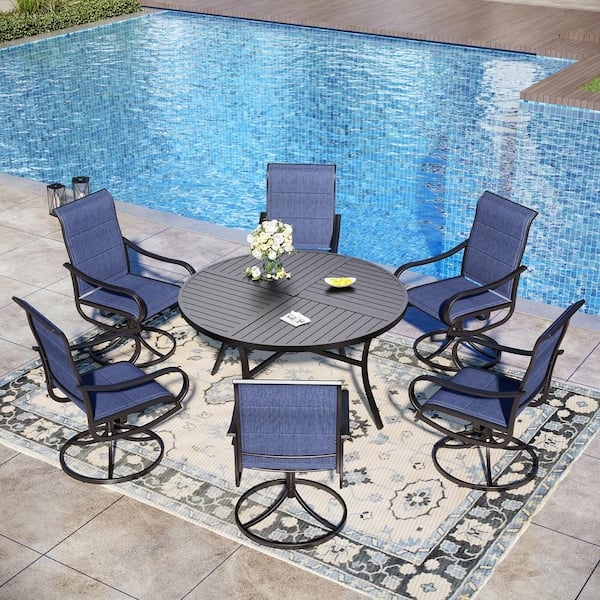 PHI VILLA Black 7-Piece Metal Patio Outdoor Dining Sets with Stamped Round Table and Padded Blue Textilene Swivel Chairs