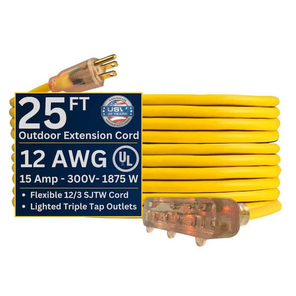 US Wire and Cable USW 25 ft. 12/3 Yellow Triple Tap Extension Cord with Lighted Plug