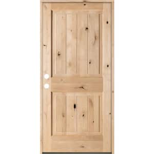 36 in. x 80 in. Rustic Square Top 2 Panel Right-Hand Inswing Unfinished Knotty Alder V-Grooved Wood Prehung Front Door