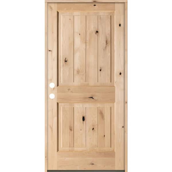 Krosswood Doors 36 in. x 80 in. Rustic Square Top 2 Panel Right-Hand Inswing Unfinished Knotty Alder V-Grooved Wood Prehung Front Door