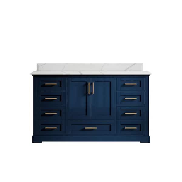 Willow Collections Boston 60 in. W x 22 in. D x 36 in. H Single Sink Bath Vanity in Navy Blue with 1.5" Calacatta Quartz Top
