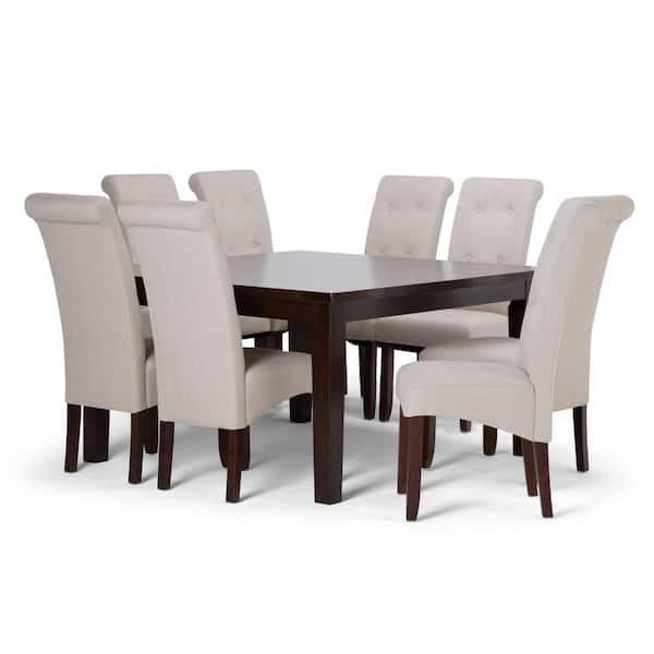 Simpli Home Cosmopolitan 9-Piece Dining Set with 8 Upholstered Dining Chairs in Natural Linen Look Fabric and 54 in. Wide Table