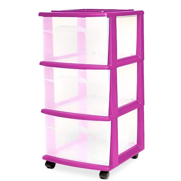 Plastic 3 Drawer Medium Storage Container Tower, Clear Drawers/Purple Frame
