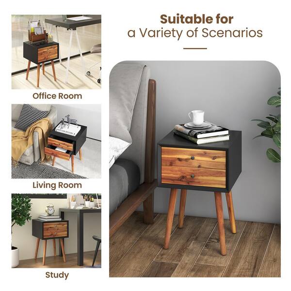Costway 2-Drawer Black Nightstand 23.5 in. x 16 in. x 16 in. QD