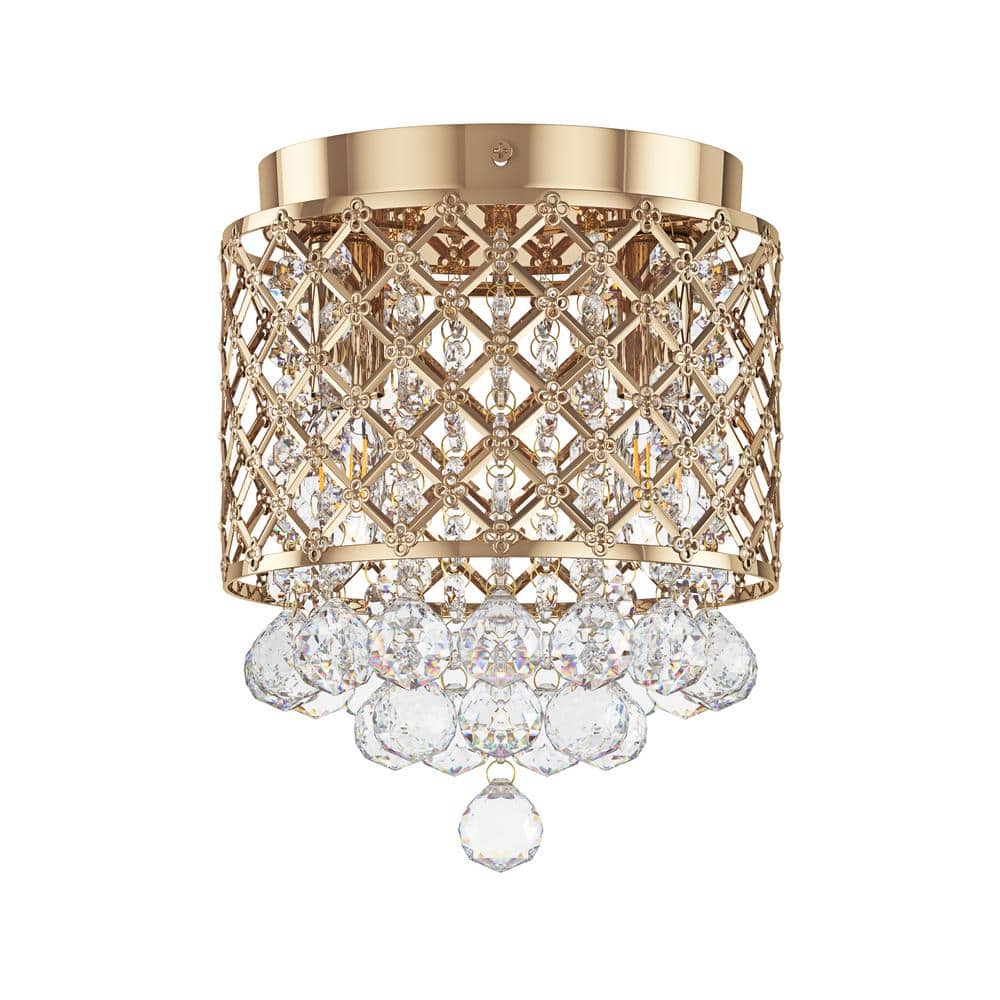 8.07 in. 2-Light Raindrop Crystal French Gold Flush Mount Mini Luxurious Ce