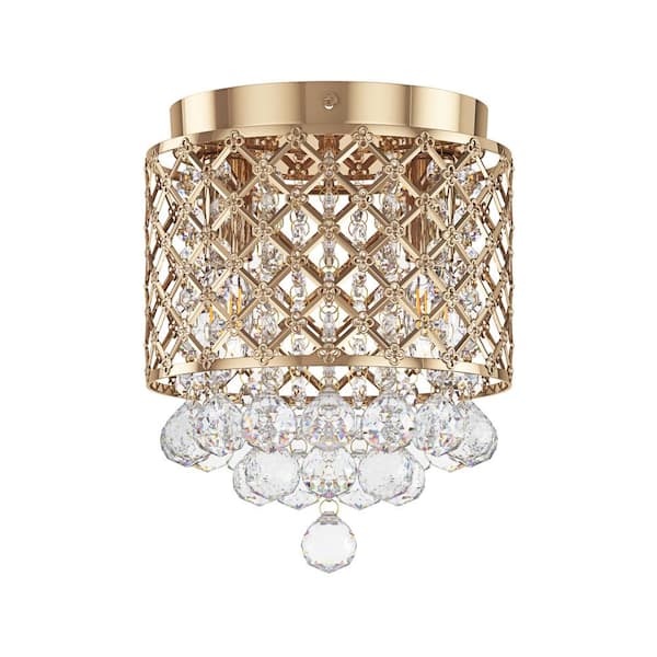aiwen 8.07 in. 2-Light Raindrop Crystal French Gold Flush Mount Mini Luxurious Ceiling Light Fixture