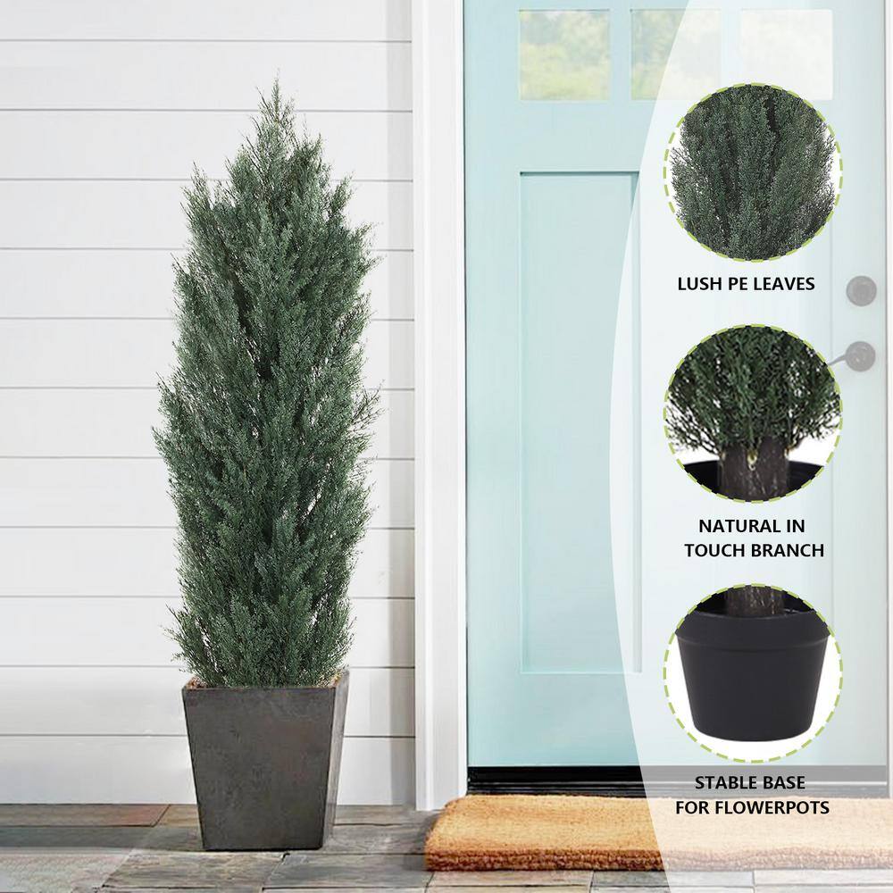 59" Dark Green Cedar Artificial Topiary Trees in Black Cement Pots, Set of 2