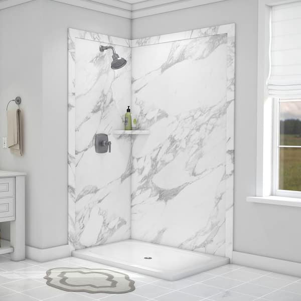 FlexStone Elegance 36 in. x 48 in. x 80 in. 7-Piece Easy Up Adhesive Corner Shower Wall Surround in Calacatta White