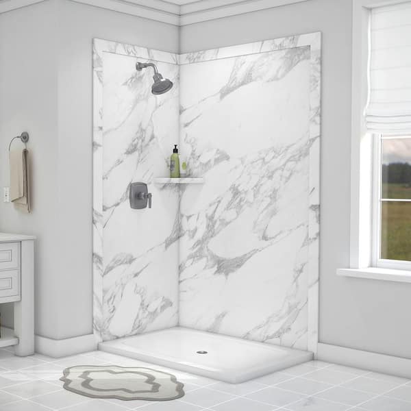 Elegance 36 in. x 48 in. x 80 in. 7-Piece Easy Up Adhesive Corner Shower Wall Surround in Calacatta White